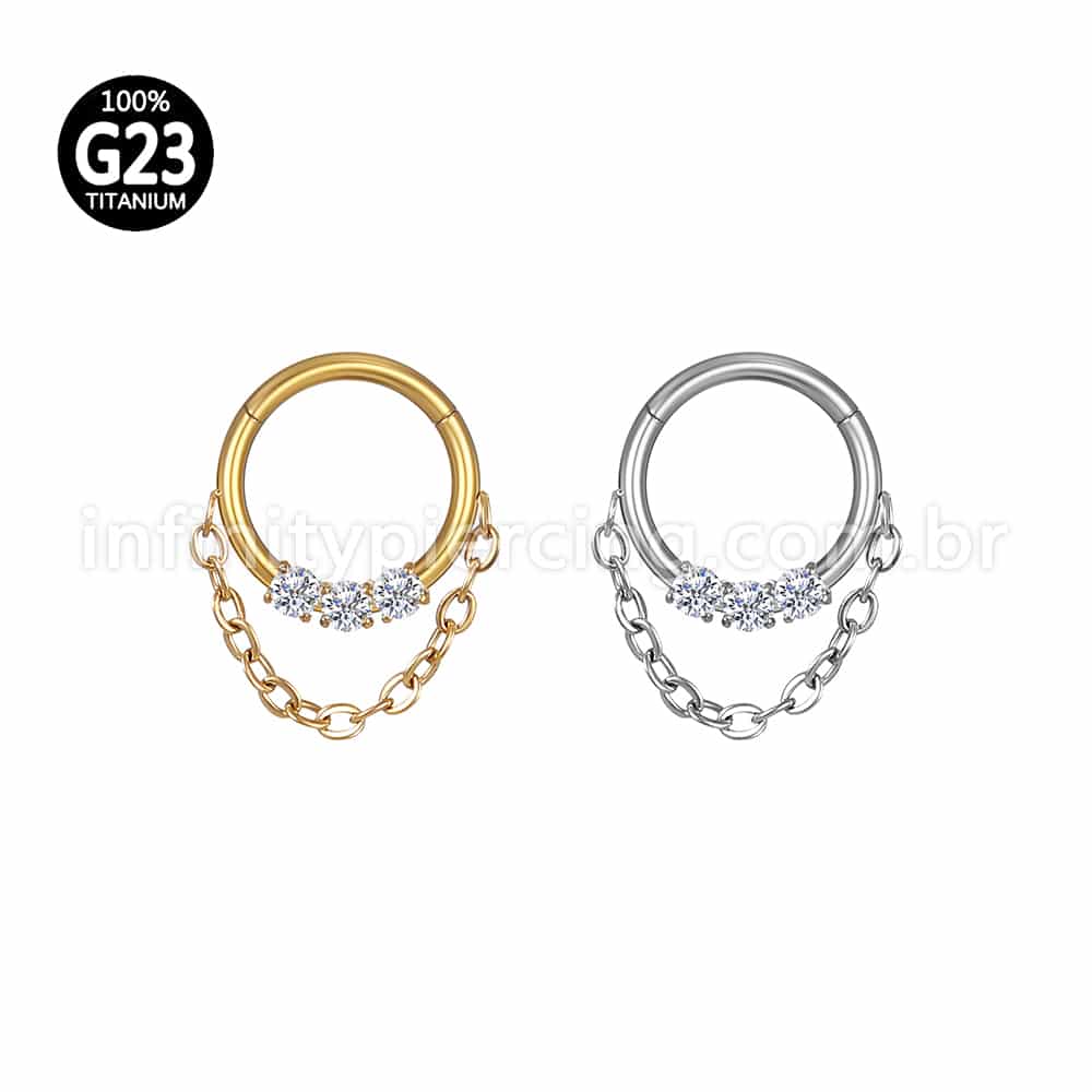 Piercing Argola Titânio Segmento Articulado 3 Pedras Zircônia Com Correntinha